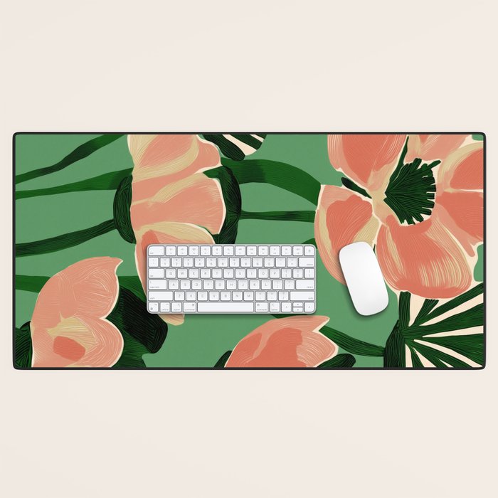 Coral Poppies on Green Desk Mat Gallery Image 1