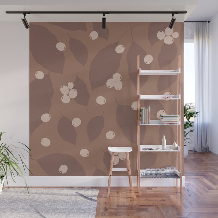 Coffee Leaves and Berries - Mocha Mousse Wall Mural Gallery Image 1