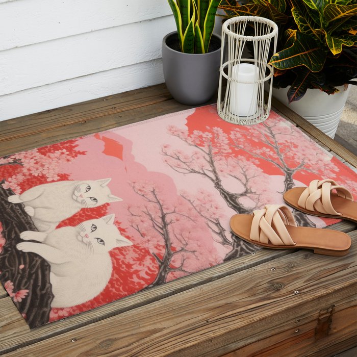 Springtime Japanese Cherry Blossom Twin Cats  Outdoor Rug Gallery Image 2
