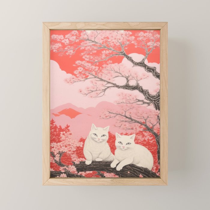 Springtime Japanese Cherry Blossom Twin Cats  Mini Art Print Gallery Image 1