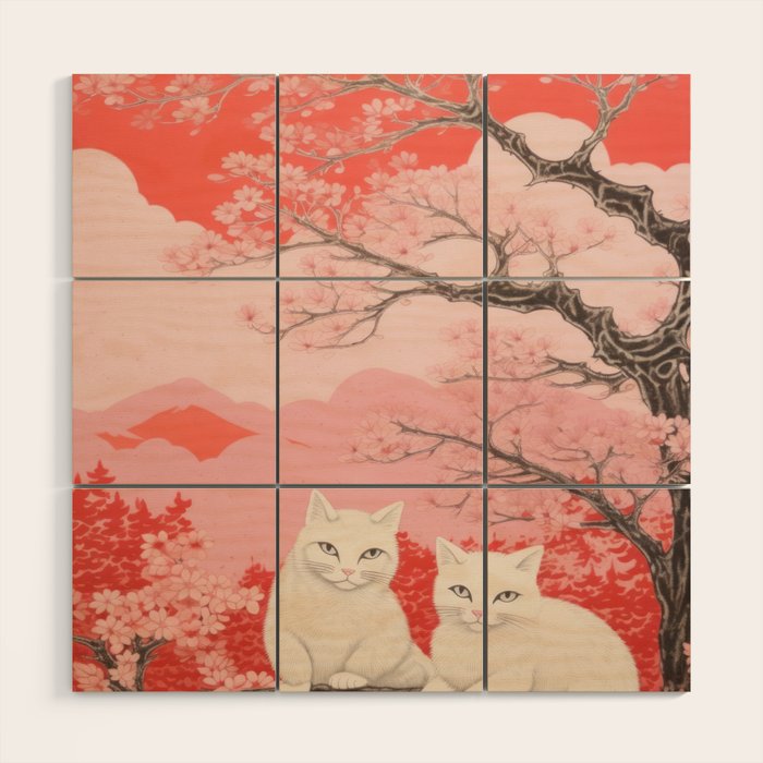 Springtime Japanese Cherry Blossom Twin Cats  Wood Wall Art Gallery Image 1