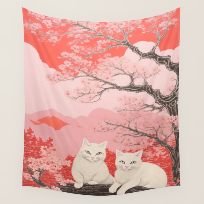 Springtime Japanese Cherry Blossom Twin Cats  Wall Tapestry Gallery Image 4