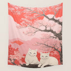 Springtime Japanese Cherry Blossom Twin Cats  Wall Tapestry Gallery Image 4