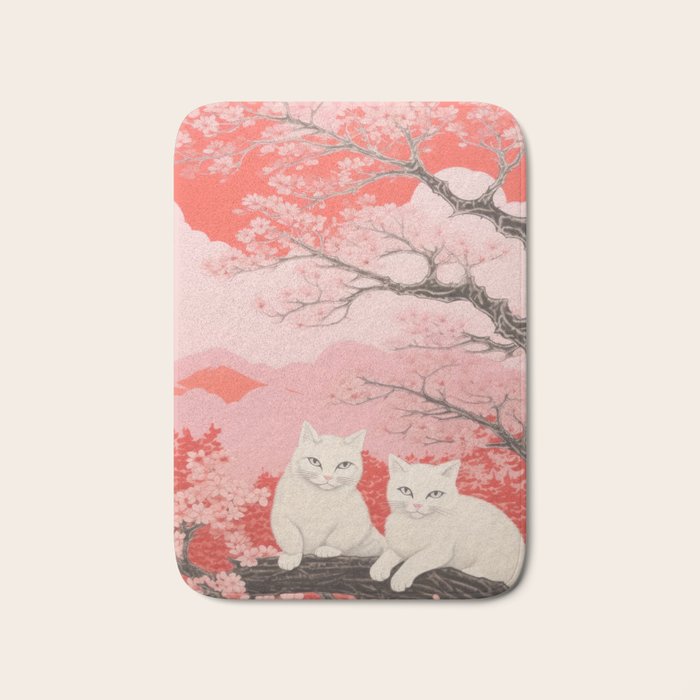 Springtime Japanese Cherry Blossom Twin Cats  Bath Mat Gallery Image 1