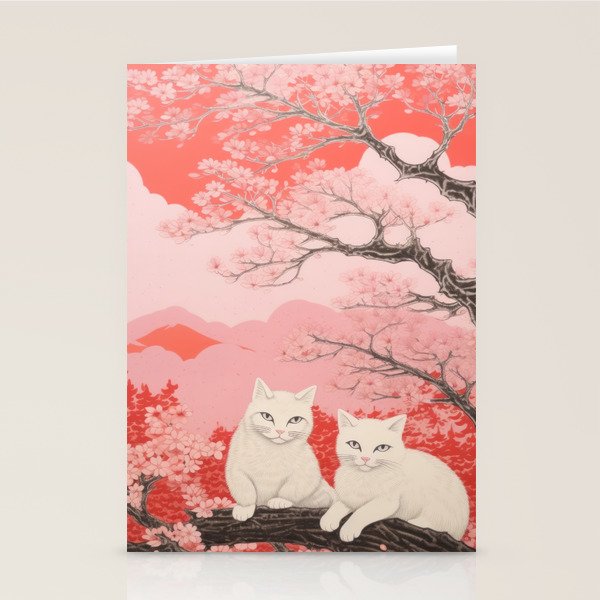 Springtime Japanese Cherry Blossom Twin Cats  Stationery Card Gallery Image 2