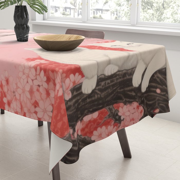 Springtime Japanese Cherry Blossom Twin Cats  Tablecloth Gallery Image 3