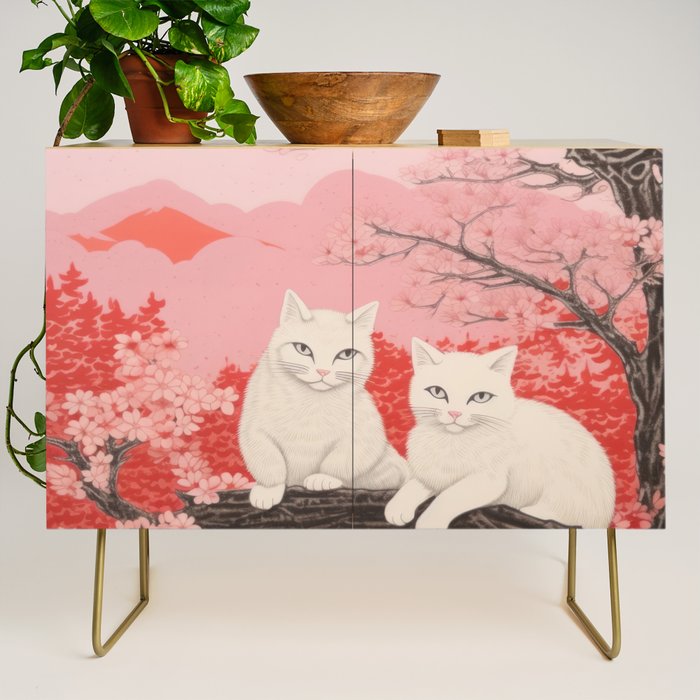 Springtime Japanese Cherry Blossom Twin Cats  Credenza Gallery Image 1