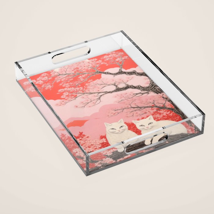 Springtime Japanese Cherry Blossom Twin Cats  Acrylic Tray Gallery Image 1