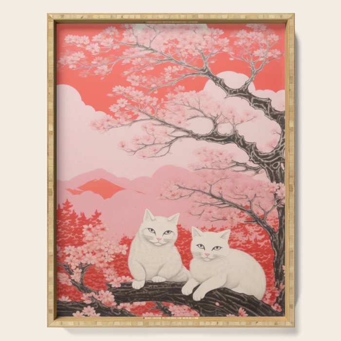 Springtime Japanese Cherry Blossom Twin Cats  Serving Tray Gallery Image 1