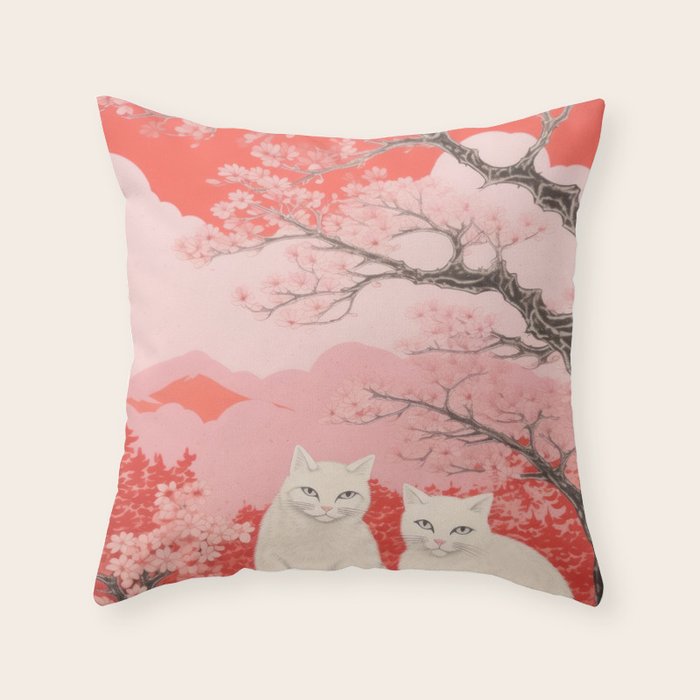 Springtime Japanese Cherry Blossom Twin Cats  Throw Pillow Gallery Image 6