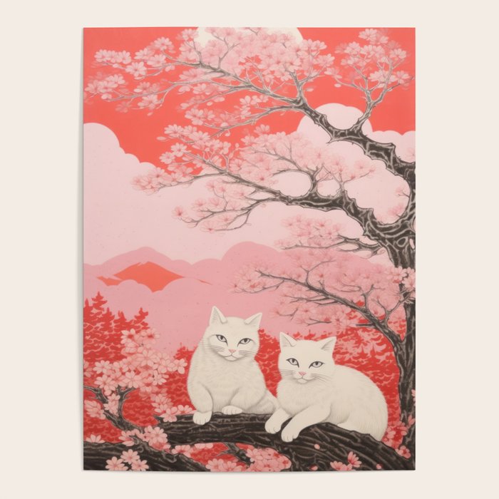 Springtime Japanese Cherry Blossom Twin Cats  Poster Gallery Image 4