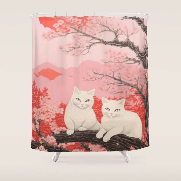 Springtime Japanese Cherry Blossom Twin Cats  Shower Curtain Gallery Image 1