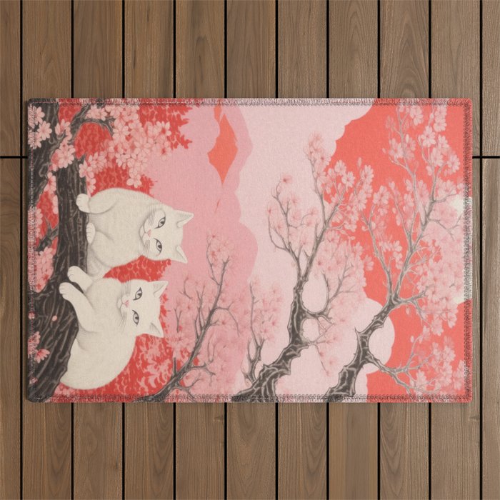 Springtime Japanese Cherry Blossom Twin Cats  Outdoor Rug Gallery Image 1