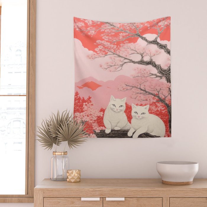 Springtime Japanese Cherry Blossom Twin Cats  Wall Tapestry Gallery Image 2