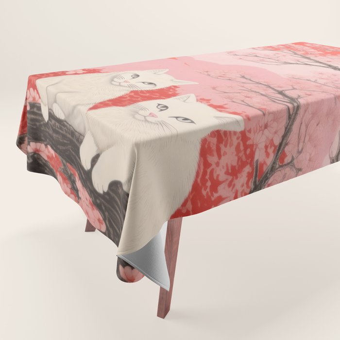 Springtime Japanese Cherry Blossom Twin Cats  Tablecloth Gallery Image 1