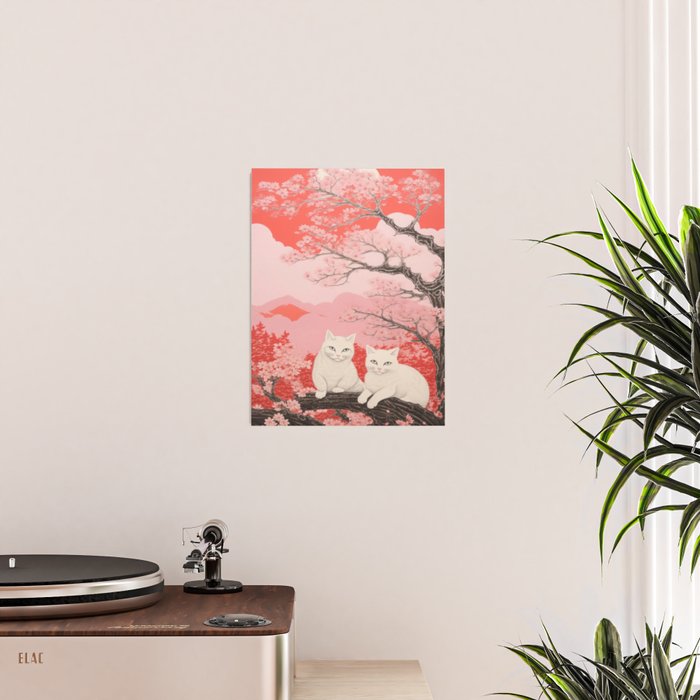 Springtime Japanese Cherry Blossom Twin Cats  Poster Gallery Image 2