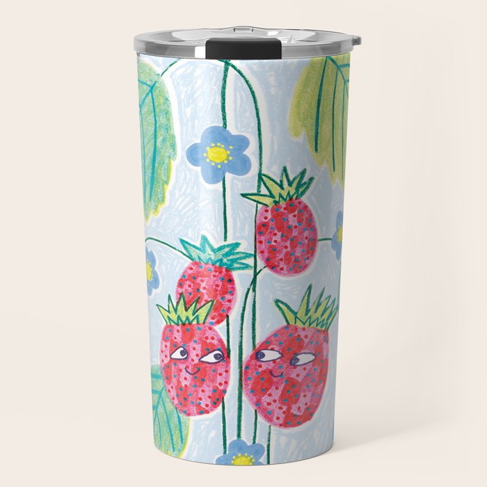Sweet Strawberry Plant Friends in Sky Blue & Pink Travel Mug Gallery Image 1