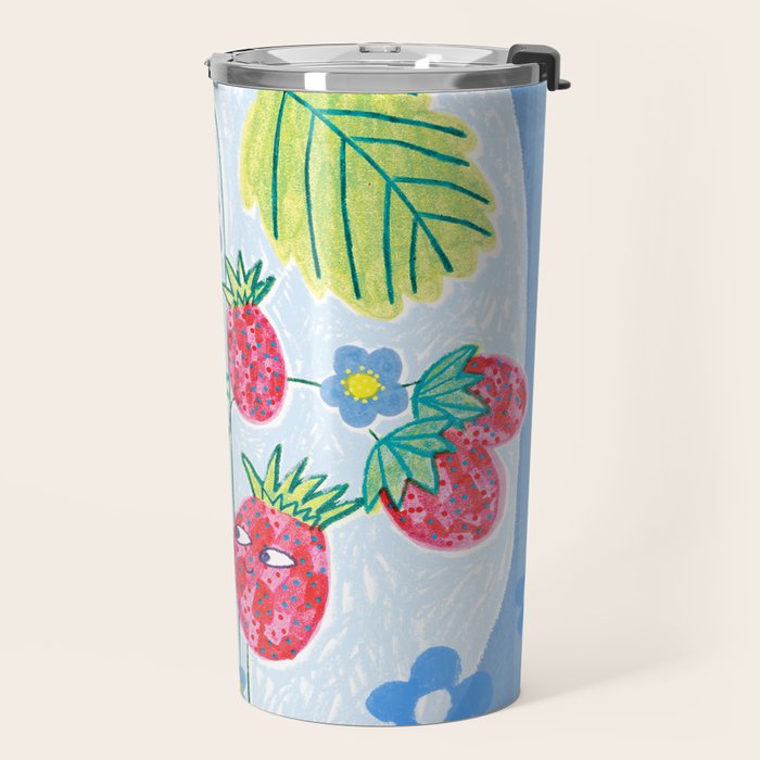Sweet Strawberry Plant Friends in Sky Blue & Pink Travel Mug Gallery Image 2