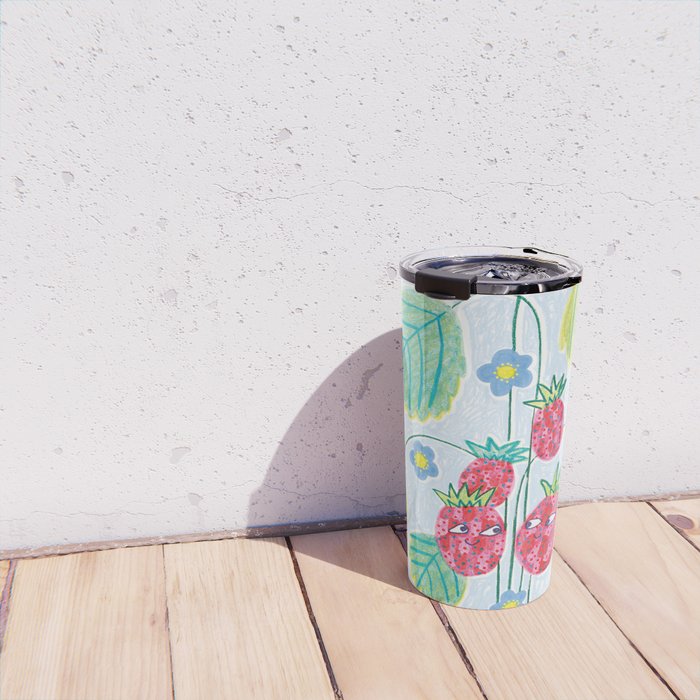 Sweet Strawberry Plant Friends in Sky Blue & Pink Travel Mug Gallery Image 4