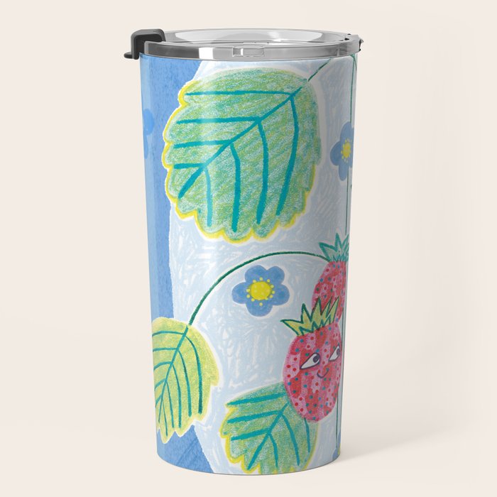 Sweet Strawberry Plant Friends in Sky Blue & Pink Travel Mug Gallery Image 3