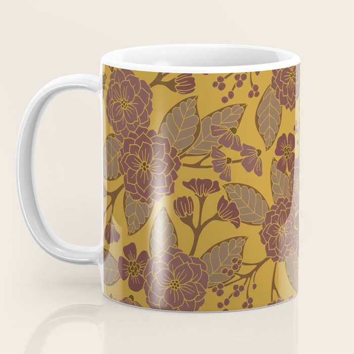 Mustard Yellow, Brown, Raisin, Taupe & Mauve Floral Pattern Coffee Mug Gallery Image 3