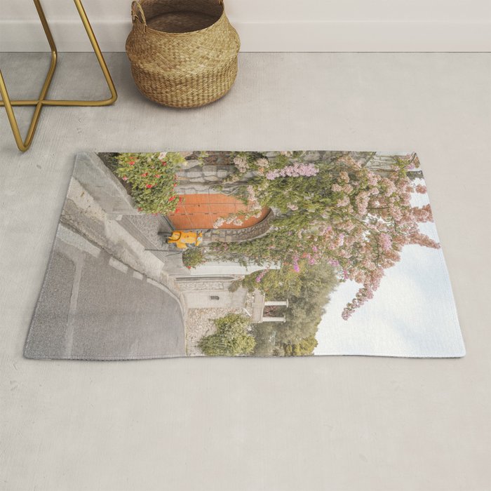 Floral Road on Capri Island | Pastel Color Street in Italy Summer Art Print | Wanderlust Vibes Travel Photography Rug Gallery Image 1