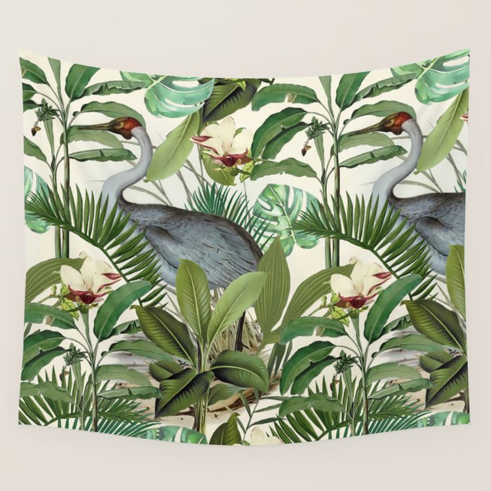 Tropical Heron Bird Rainforest Illustration Wall Tapestry Gallery Image 1
