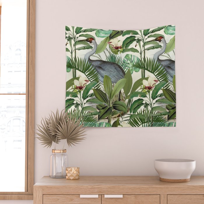 Tropical Heron Bird Rainforest Illustration Wall Tapestry Gallery Image 2