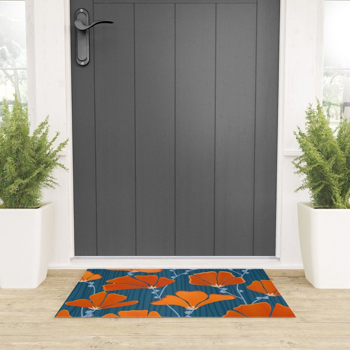 Festive Deco Flowers - Orange and Blue Floral Pattern Welcome Mat Gallery Image 3