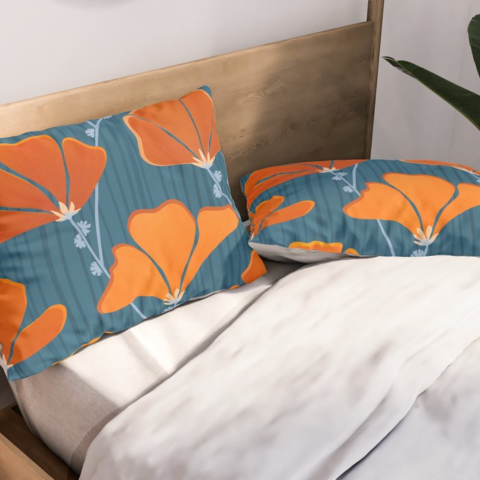 Festive Deco Flowers - Orange and Blue Floral Pattern Pillow Sham Gallery Image 2