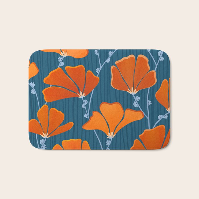Festive Deco Flowers - Orange and Blue Floral Pattern Bath Mat Gallery Image 1