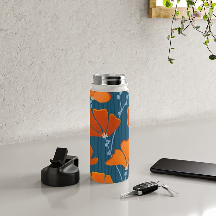 Festive Deco Flowers - Orange and Blue Floral Pattern Water Bottle Gallery Image 4