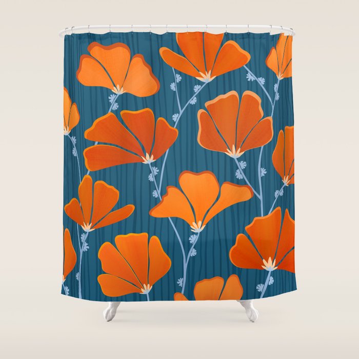 Festive Deco Flowers - Orange and Blue Floral Pattern Shower Curtain Gallery Image 1