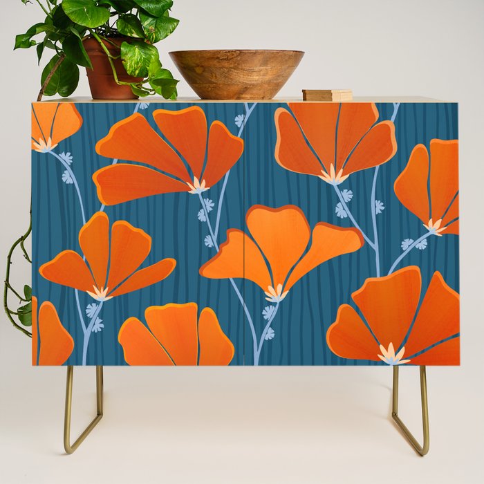 Festive Deco Flowers - Orange and Blue Floral Pattern Credenza Gallery Image 1