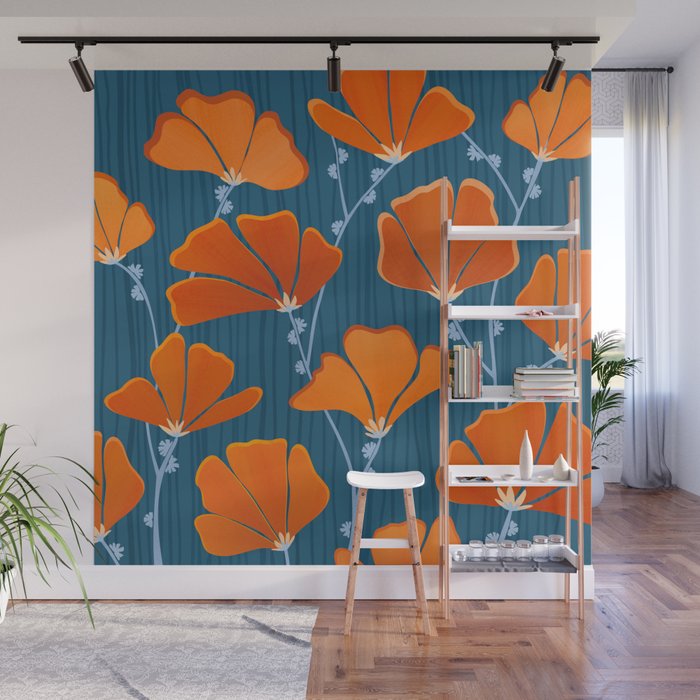 Festive Deco Flowers - Orange and Blue Floral Pattern Wall Mural Gallery Image 1