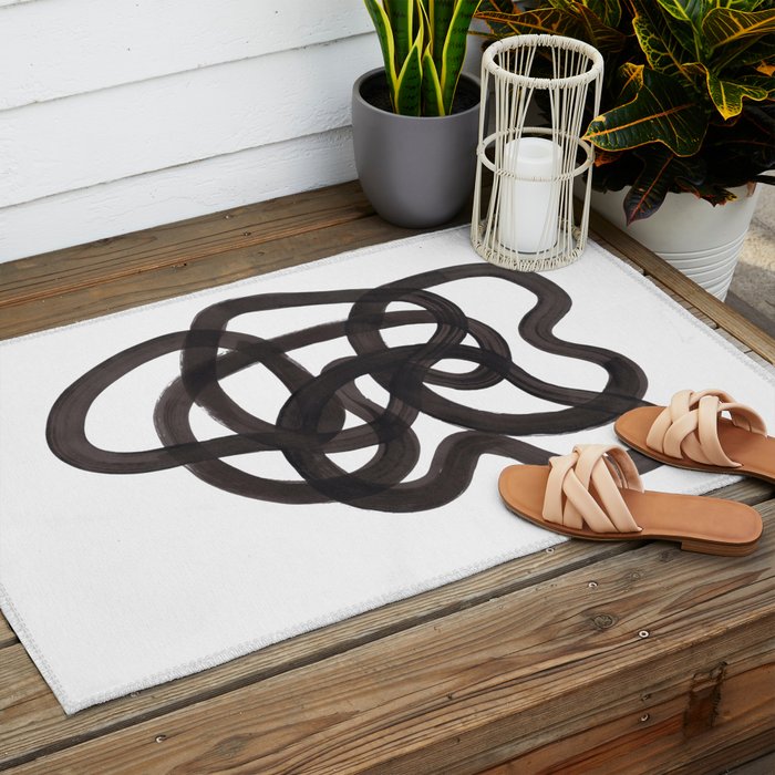 'Ink Memories' Minimalist Ink Line Drawing Abstract Black Brush Strokes Modern Funky Maze by Ejaaz Haniff Outdoor Rug Gallery Image 2
