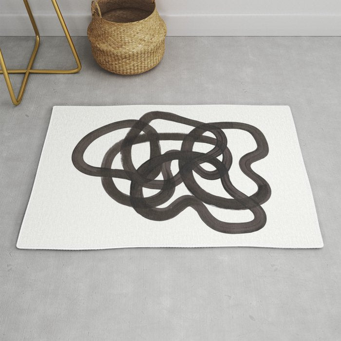 'Ink Memories' Minimalist Ink Line Drawing Abstract Black Brush Strokes Modern Funky Maze by Ejaaz Haniff Rug Gallery Image 1