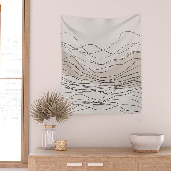 Calm serene line art nordic mountain decor Wall Tapestry Gallery Image 2