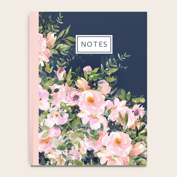 Floral Watercolor, Roses, Navy Blue and Pink, Vintage Art Notebook Gallery Image 4