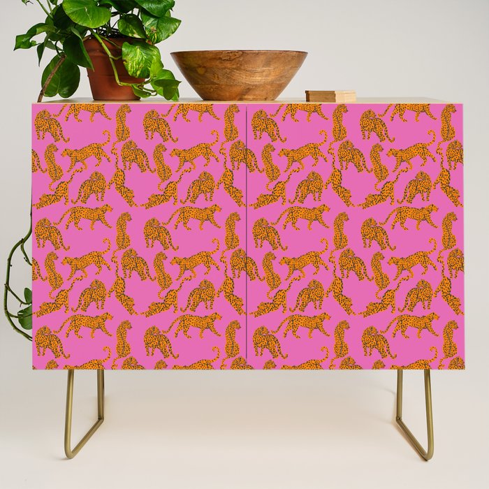 Abstract leopard with red lips illustration in fuchsia background  Credenza Gallery Image 1