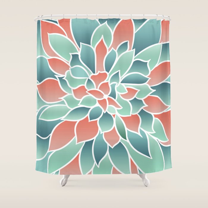 Festive, Floral Prints, Art Designs, Coral, Teal and Green Shower Curtain Gallery Image 1