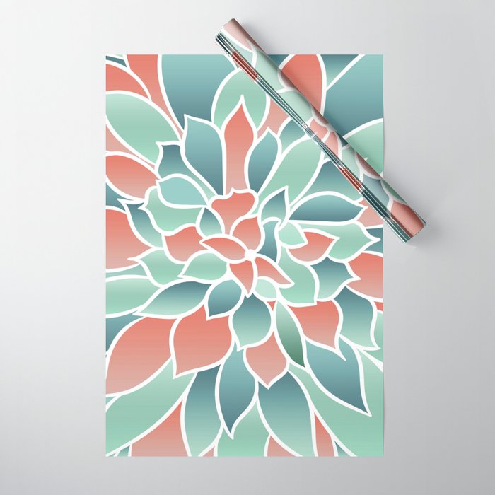 Festive, Floral Prints, Art Designs, Coral, Teal and Green Wrapping Paper Gallery Image 1