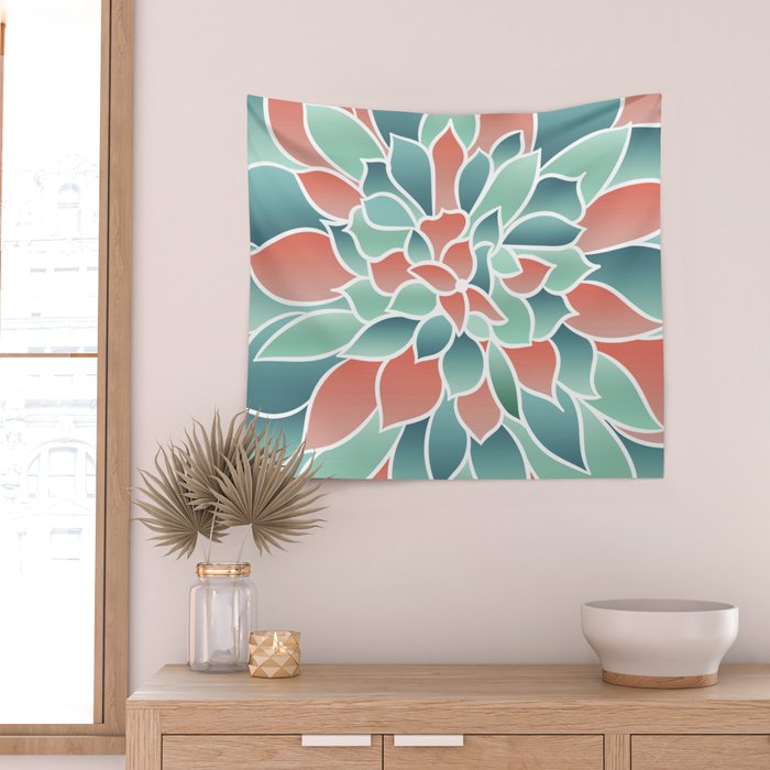 Festive, Floral Prints, Art Designs, Coral, Teal and Green Wall Tapestry Gallery Image 2