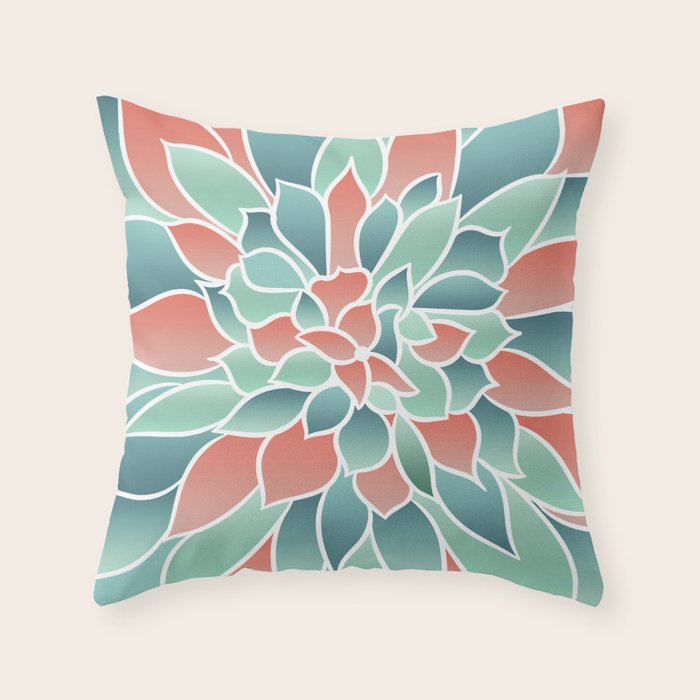 Festive, Floral Prints, Art Designs, Coral, Teal and Green Throw Pillow Gallery Image 6