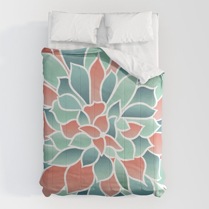 Festive, Floral Prints, Art Designs, Coral, Teal and Green Comforter Gallery Image 1