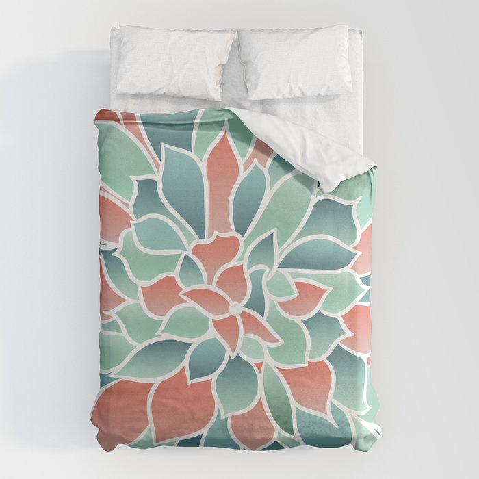 Festive, Floral Prints, Art Designs, Coral, Teal and Green Duvet Cover Gallery Image 1