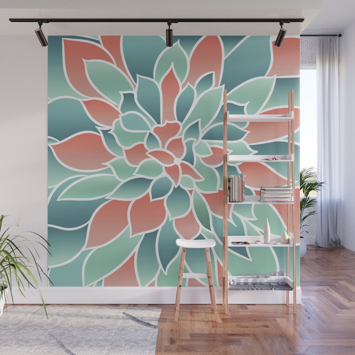 Festive, Floral Prints, Art Designs, Coral, Teal and Green Wall Mural Gallery Image 1