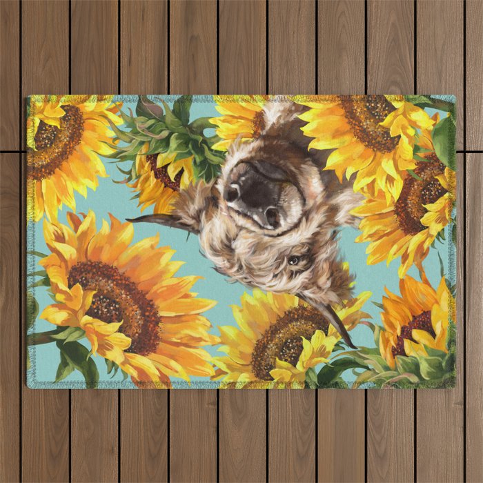 Highland Cow With Sunflowers In Blue Outdoor Rug