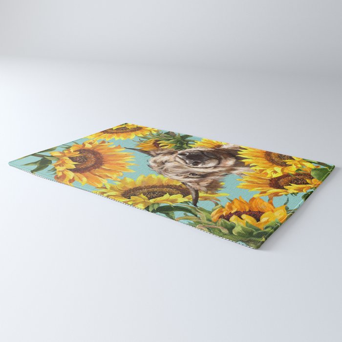 Highland Cow with Sunflowers in Blue Rug Gallery Image 3