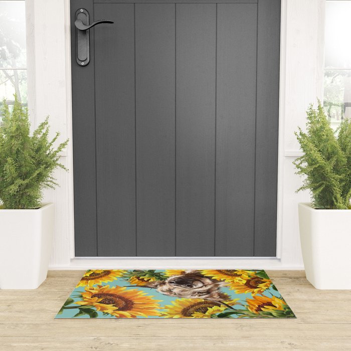 Highland Cow with Sunflowers in Blue Welcome Mat Gallery Image 3